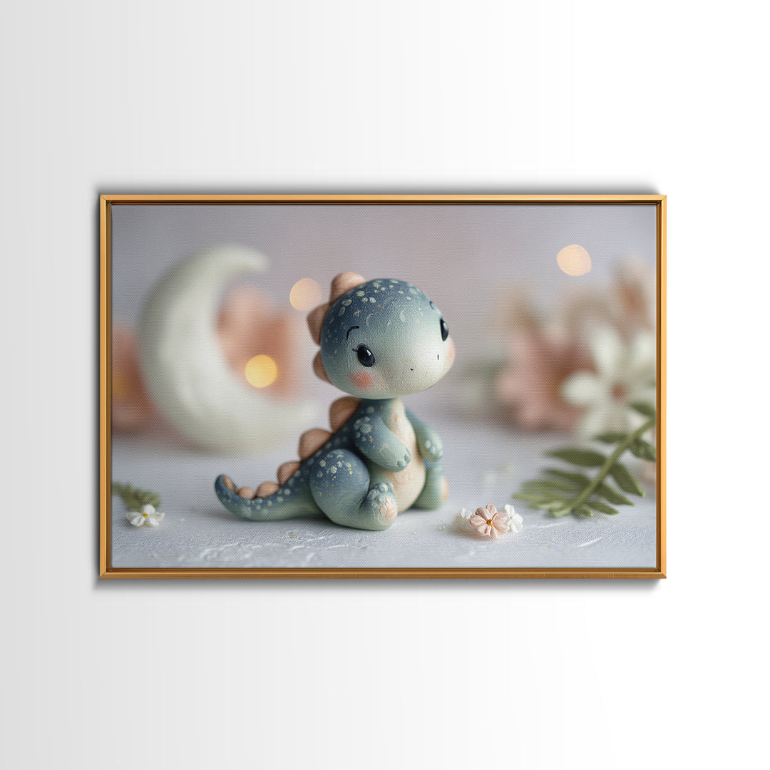 Tiny Dinosaur with Friendly Expression Framed Canvas Print, Nursery Art, Playroom Wall Art, Nursery Decor, Fine Art, Nursery, NUR-3x2-19