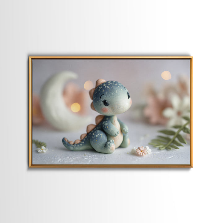 Tiny Dinosaur with Friendly Expression Framed Canvas Print, Nursery Art, Playroom Wall Art, Nursery Decor, Fine Art, Nursery, NUR-3x2-19