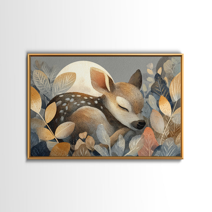 Deer Fawn Sleeping Framed Canvas Print, Nursery Art, Woodland Nursery, Nursery Decor, Fine Art, Nursery, Gallery Decor, NUR-3x2-27