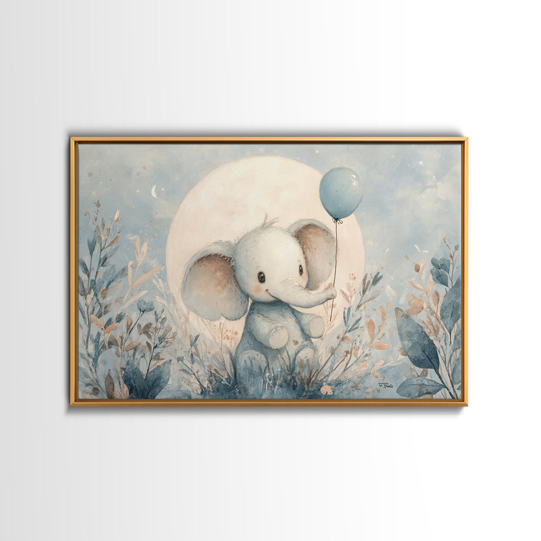 Sleepy Baby Elephant Holding a Tiny Balloon Canvas Print, Nursery Art, Kids Wall Decor, Nursery Decor, Fine Art, Nursery, NUR-3x2-29