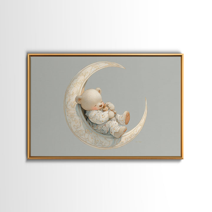 Baby Bear Floating on a Crescent Moon Canvas Print, Nursery Art, Digital Download Art, Nursery Decor, Watercolor Art, Nursery, NUR-3x2-34