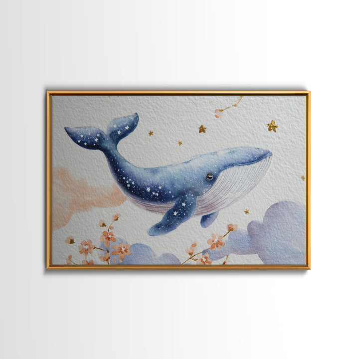 Whale and Tiny Stars Framed Canvas Print, Nursery Art, Kids Wall Art, Nursery Decor, Fine Art, Nursery, Gallery Decor, NUR-3x2-36