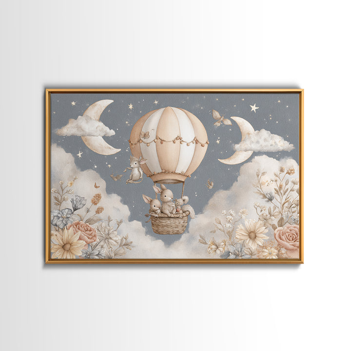 Floating Hot Air Balloon Framed Canvas Print, Nursery Art, Woodland Nursery, Nursery Decor, Oil Painting, Nursery, NUR-3x2-40