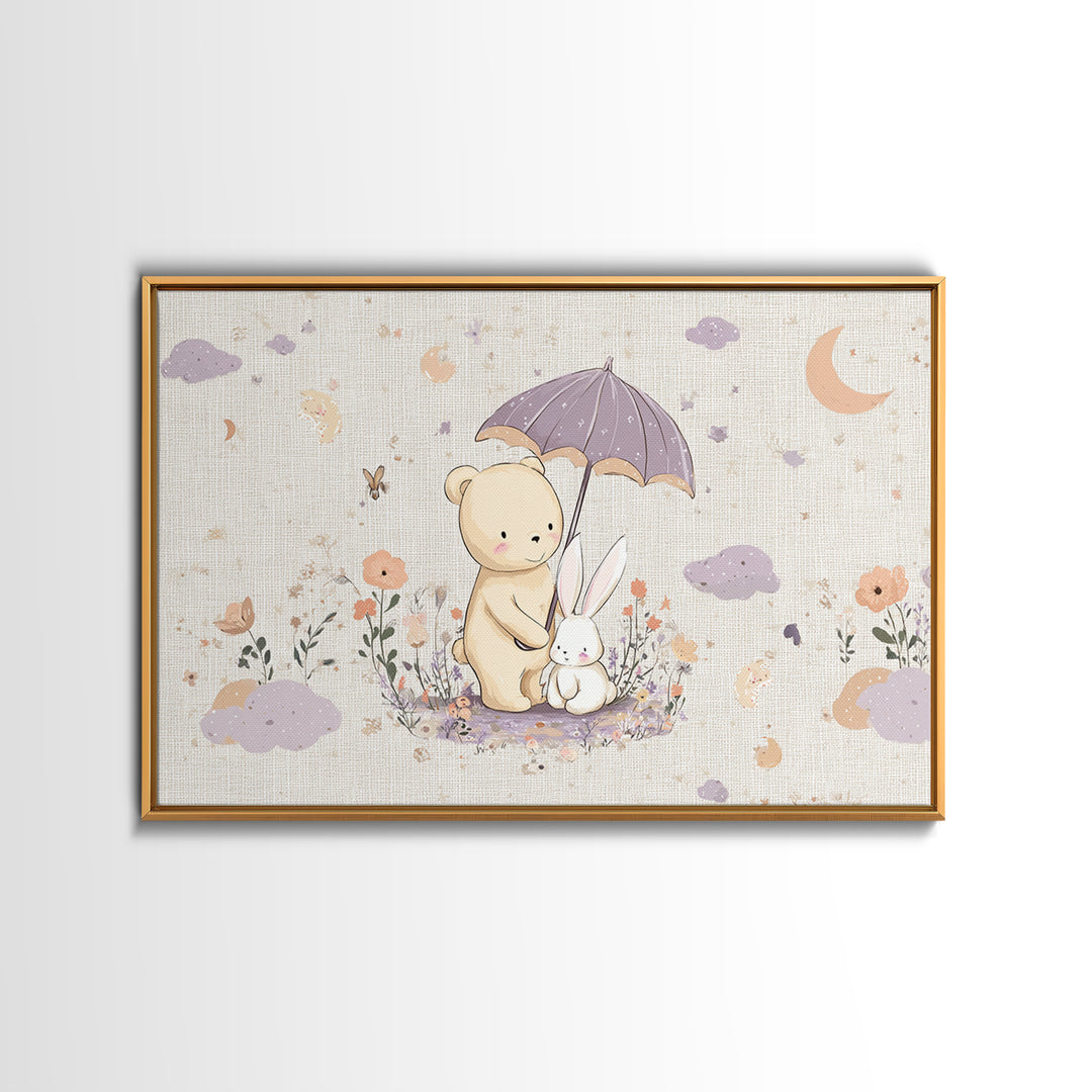 Bear and Rabbit Sharing Umbrella Framed Canvas Print, Nursery Art, Playroom Wall Art, Nursery Decor, Fine Art, Nursery, NUR-3x2-45