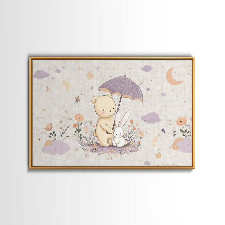 Bear and Rabbit Sharing Umbrella Framed Canvas Print, Nursery Art, Playroom Wall Art, Nursery Decor, Fine Art, Nursery, NUR-3x2-45