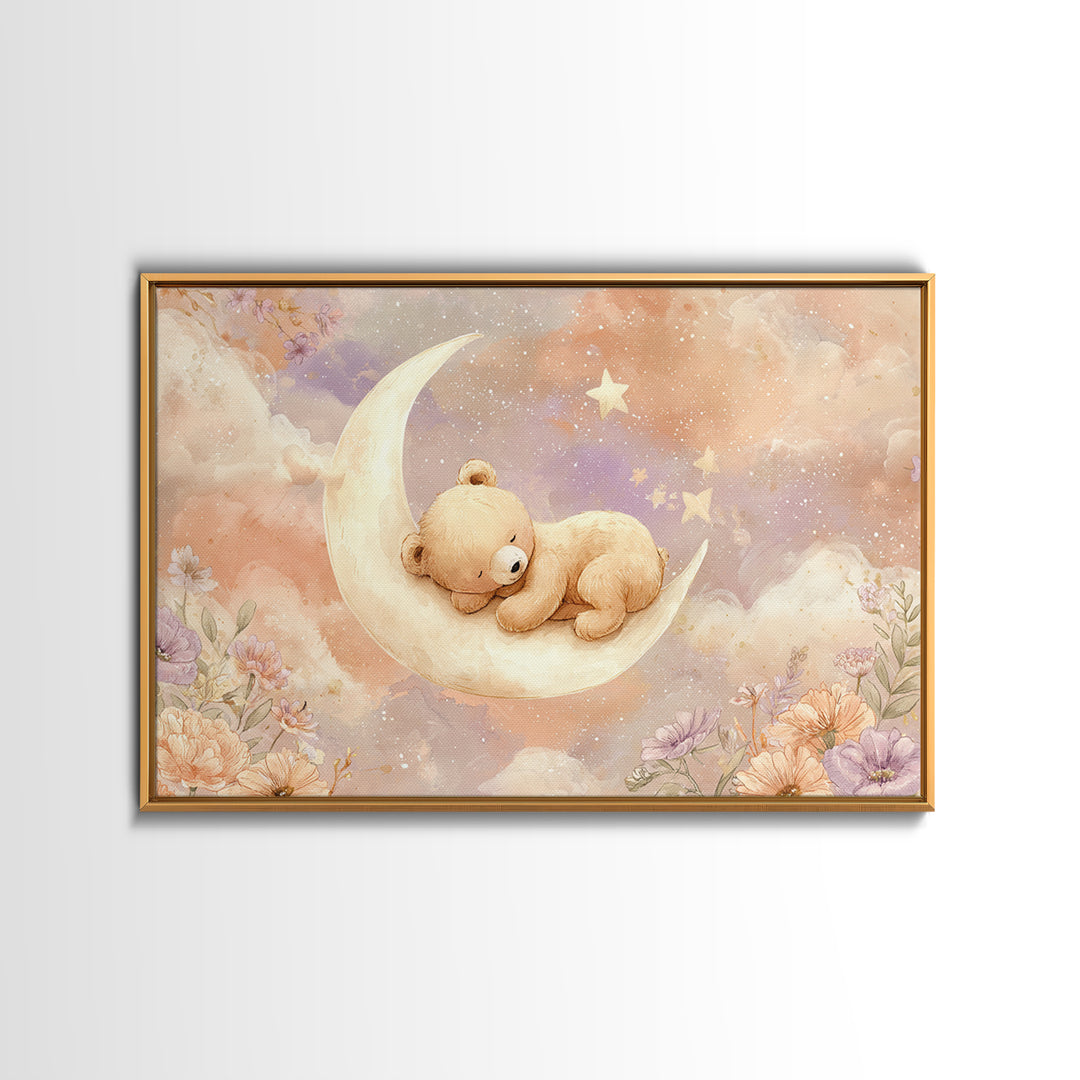 Baby Bear Floating on a Crescent Moon Canvas Print, Nursery Art, Digital Download Art, Nursery Decor, Watercolor Art, Nursery, NUR-3x2-58
