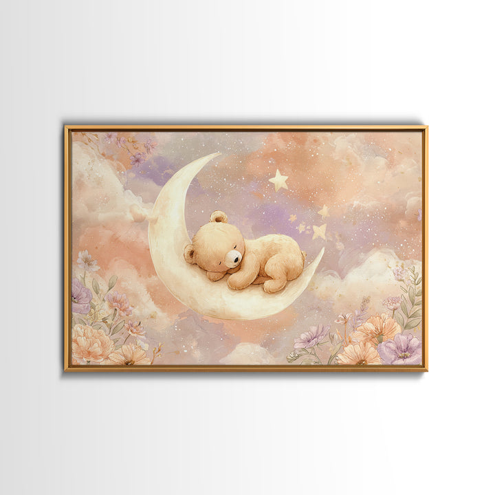 Baby Bear Floating on a Crescent Moon Canvas Print, Nursery Art, Digital Download Art, Nursery Decor, Watercolor Art, Nursery, NUR-3x2-58