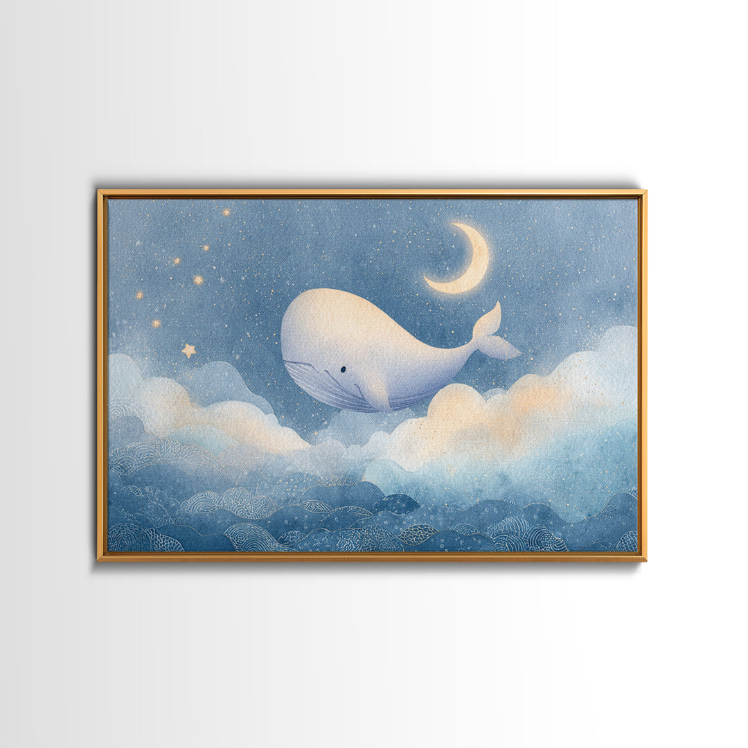 Whale and Tiny Stars Framed Canvas Print, Nursery Art, Whimsical Wall Art, Nursery Decor, Fine Art, Nursery, Minimalist Decor, NUR-3x2-60