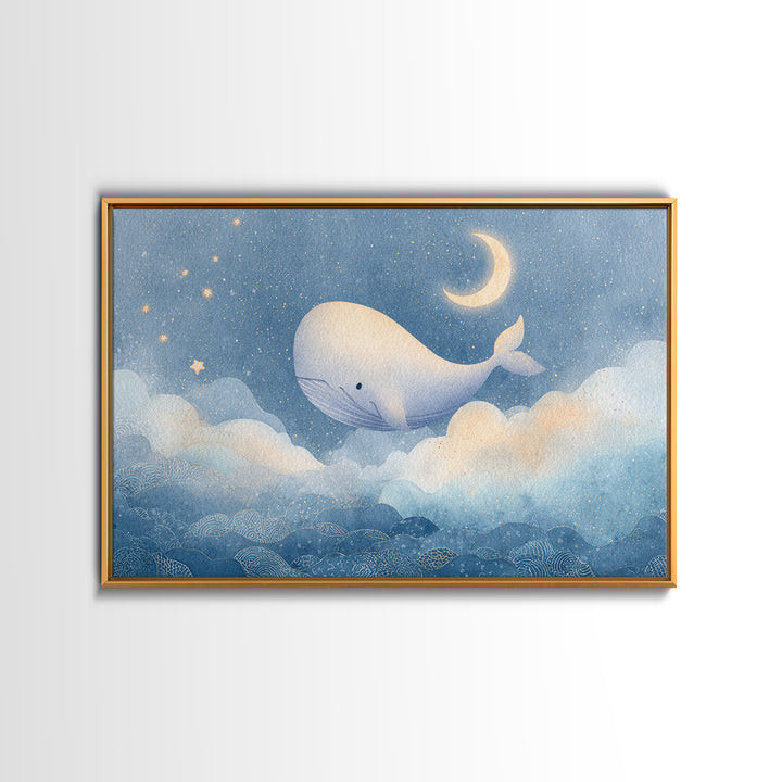 Whale and Tiny Stars Framed Canvas Print, Nursery Art, Whimsical Wall Art, Nursery Decor, Fine Art, Nursery, Minimalist Decor, NUR-3x2-60