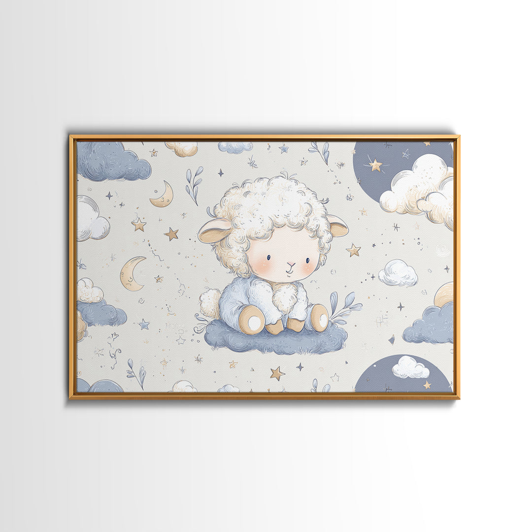 Little Lamb under a Starry Sky Framed Canvas Print, Nursery Art, Kids Wall Art, Nursery Decor, Watercolor Art, Nursery, NUR-3x2-71