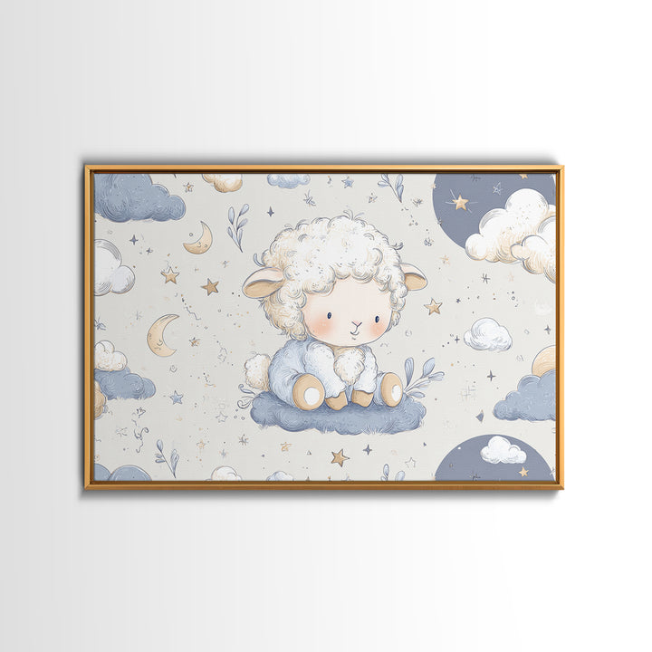 Little Lamb under a Starry Sky Framed Canvas Print, Nursery Art, Kids Wall Art, Nursery Decor, Watercolor Art, Nursery, NUR-3x2-71