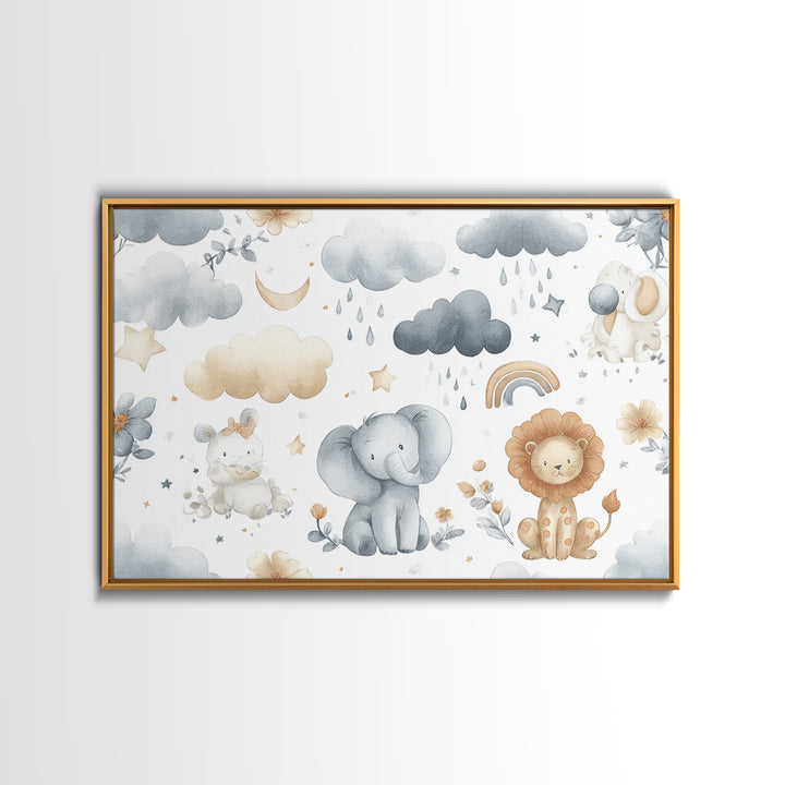 Clouds and Raindrops Framed Canvas Print, Nursery Art, Girl Nursery Decor, Nursery Decor, Oil Painting, Nursery, Kids Room Art, NUR-3x2-74
