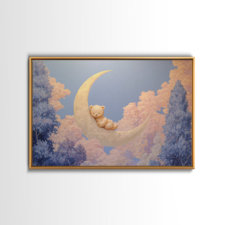 Baby Bear Floating on a Crescent Moon Framed Canvas Print, Nursery Art, Playroom Wall Art, Nursery Decor, Oil Painting, Nursery, NUR-3x2-82