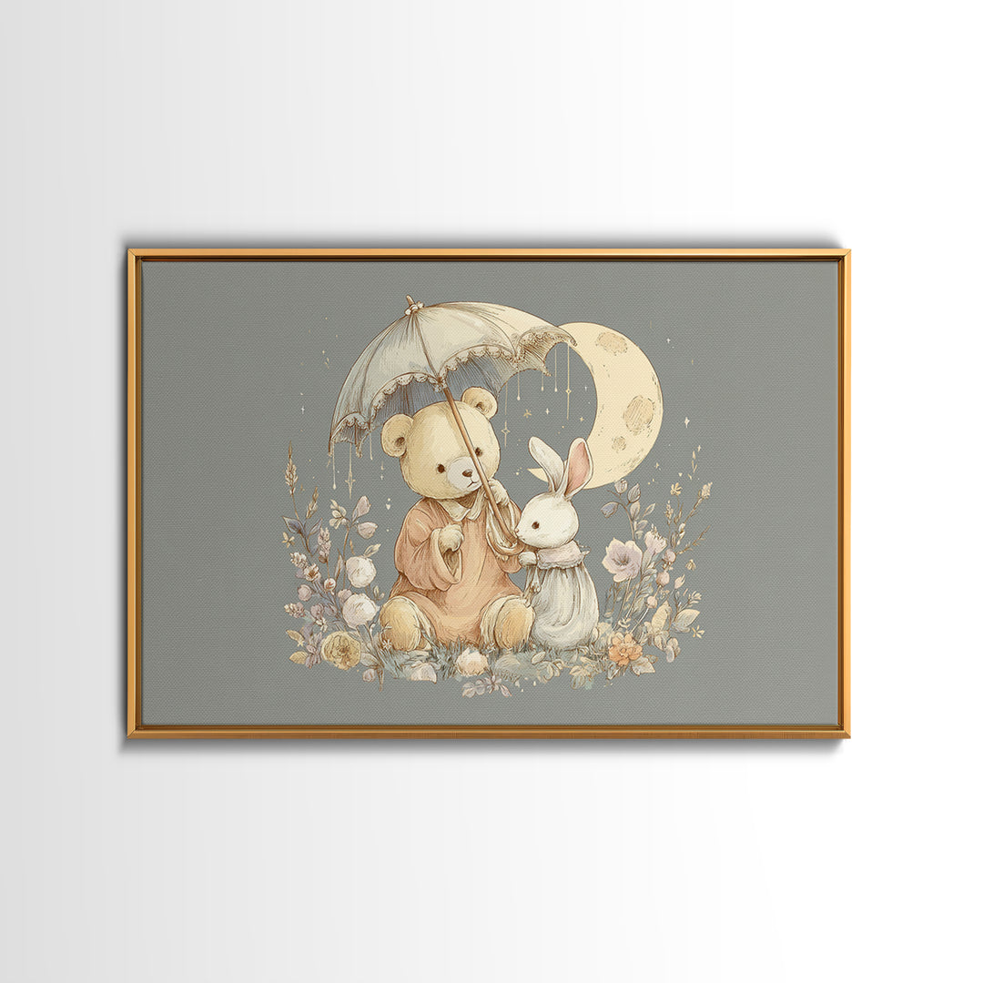 Bear and Rabbit Sharing Umbrella Canvas Print, Nursery Art, Woodland Nursery Art, Nursery Decor, Fine Art, Nursery, NUR-3x2-93