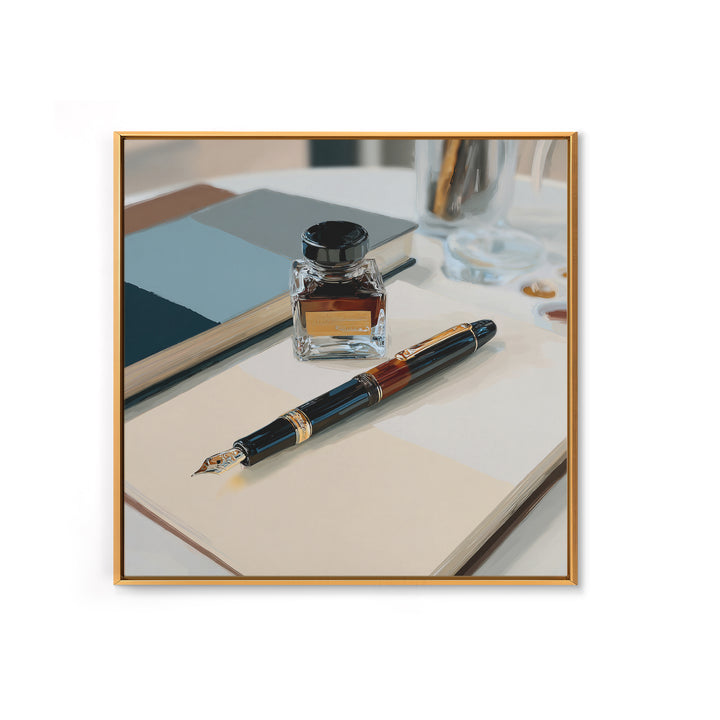 Fountain Pen and Notebook Still Life Without Canvas Print, Office Art, Ai Art, Office Decor, Oil Painting, Focus, OFF-1x1-22