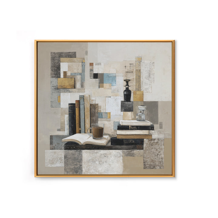 Books and Coffee Still Life Framed Canvas Print, Office Art, Statement Artwork, Office Decor, Abstract Art, Focus, Wall Decor, OFF-1x1-57