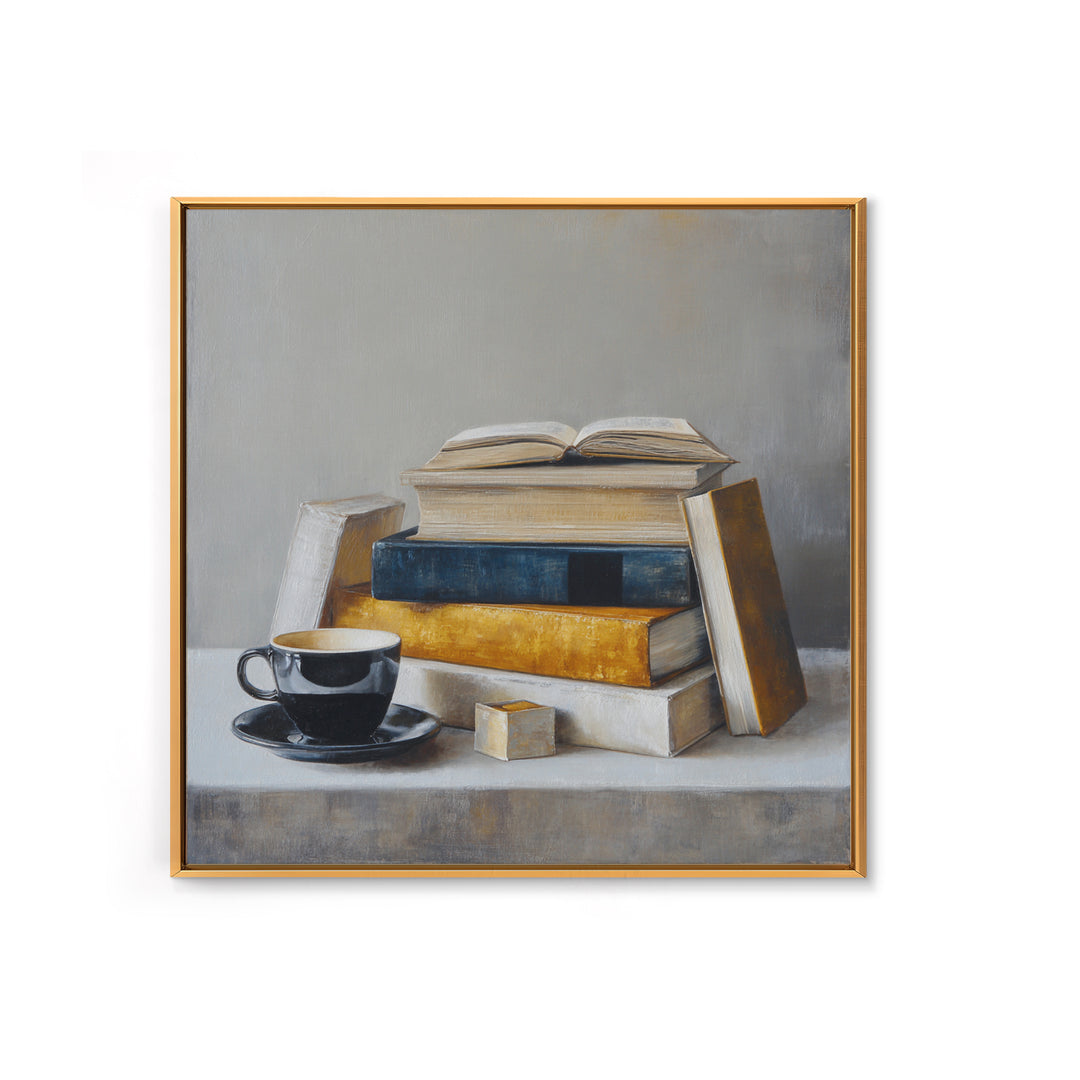 Books and Coffee Still Life Canvas Print, Office Art, Textured Painting, Office Decor, Focus, Printables, Digital Wall Art, OFF-1x1-81
