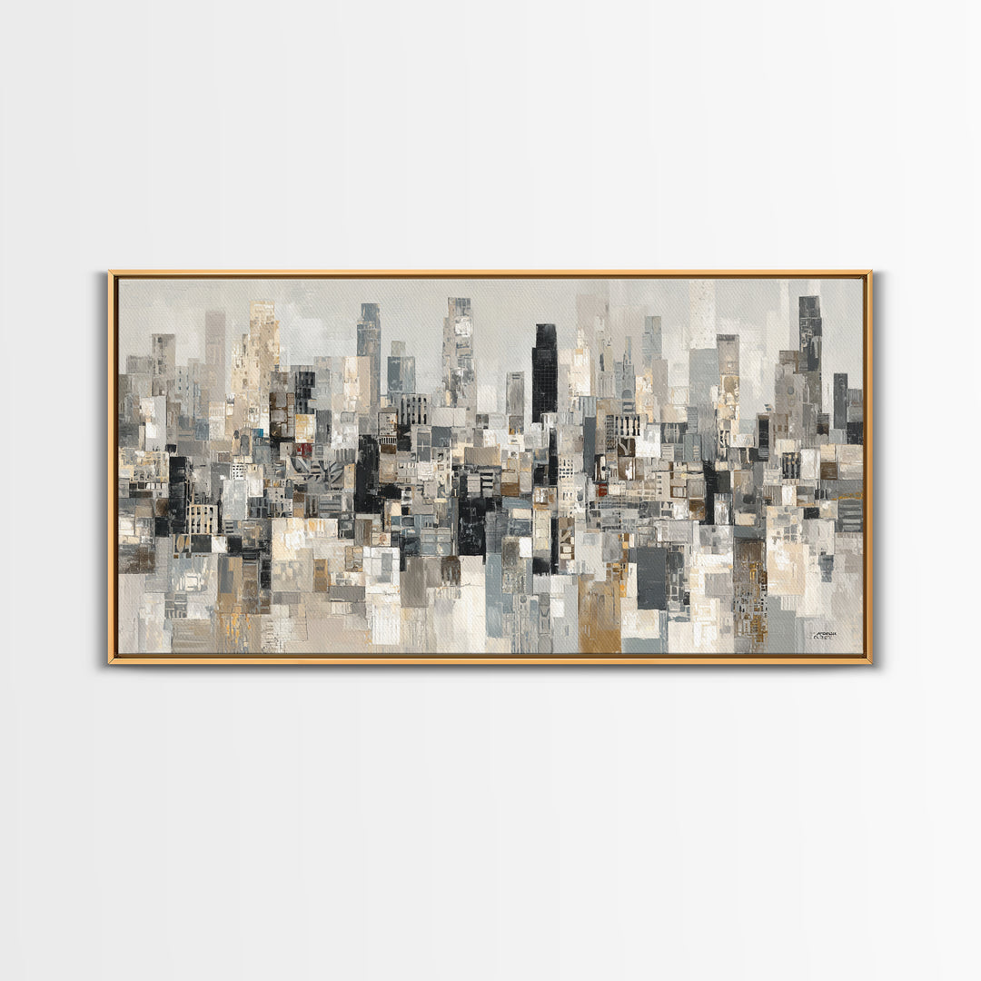 Black and White City Skyline Silhouette Framed Canvas Print, Office Art, Home Decor, Office Decor, Fine Art, Focus, Art Deco, OFF-2x1-1