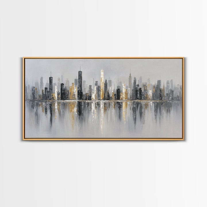 Black and White City Skyline Silhouette Framed Canvas Print, Office Art, Home Decor, Office Decor, Fine Art, Focus, Art Deco, OFF-2x1-25