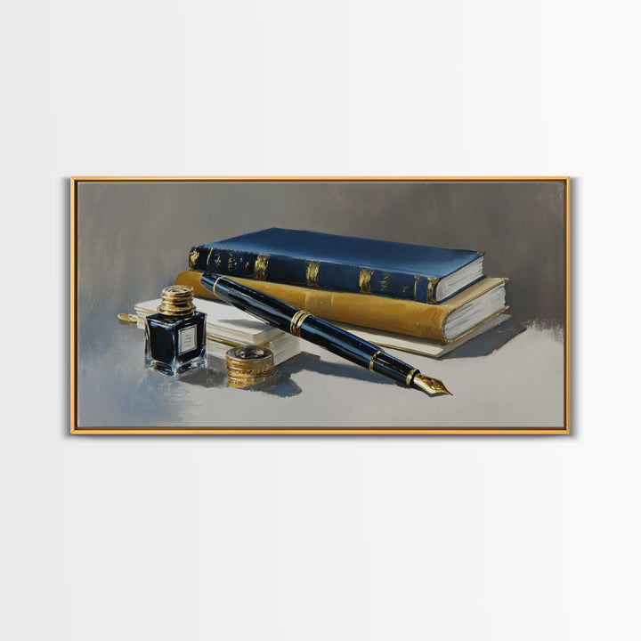 Fountain Pen and Notebook Still Life Without Framed Canvas Print, Office Art, Poster, Office Decor, Oil Painting, Focus, OFF-2x1-90