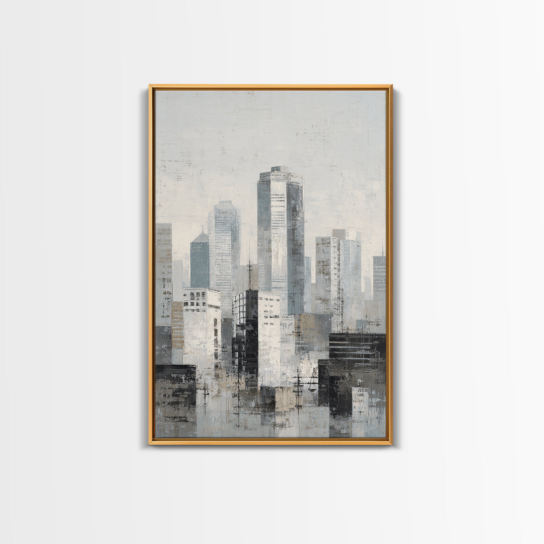 Black and White City Skyline Silhouette Framed Canvas Print, Office Art, Wall Decor, Office Decor, Abstract Art, Focus, OFF-2x3-37