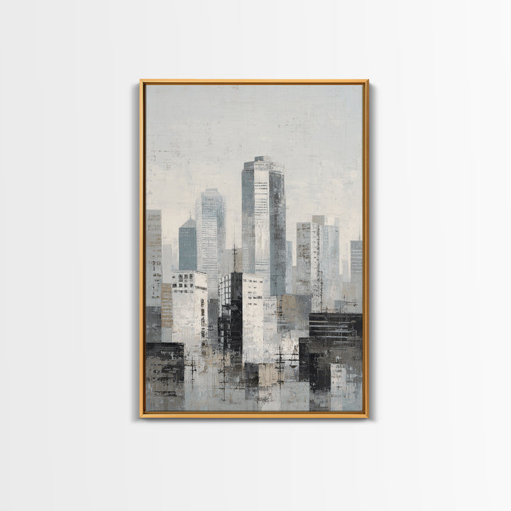 Black and White City Skyline Silhouette Framed Canvas Print, Office Art, Wall Decor, Office Decor, Abstract Art, Focus, OFF-2x3-37