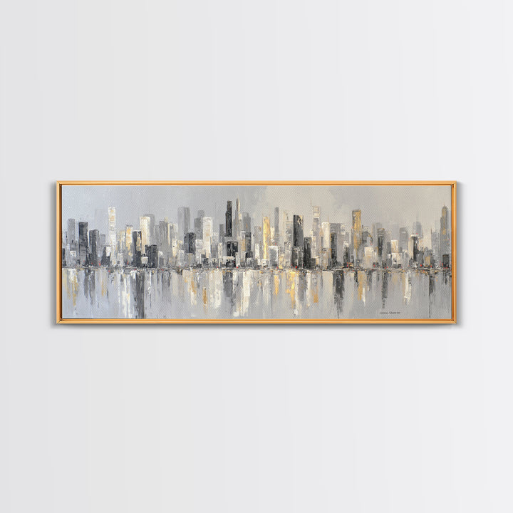 Black and White City Skyline Silhouette Framed Canvas Print, Office Art, Office Wall Art, Office Decor, Fine Art, Focus, OFF-3x1-69