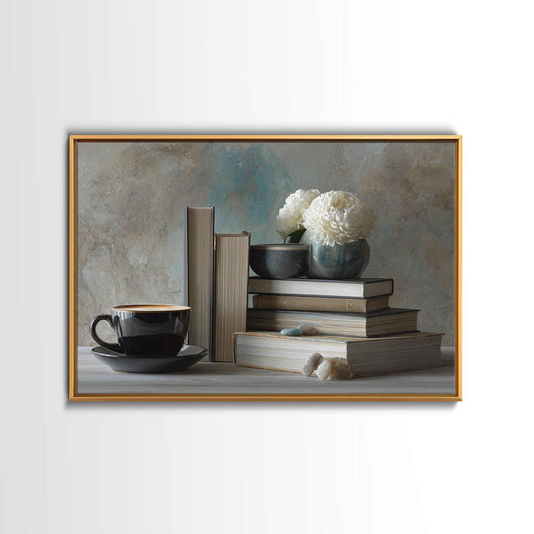 Books and Coffee Still Life Canvas Print, Office Art, Living Room Decor, Office Decor, Oil Painting, Focus, Fine Art Print, OFF-3x2-61