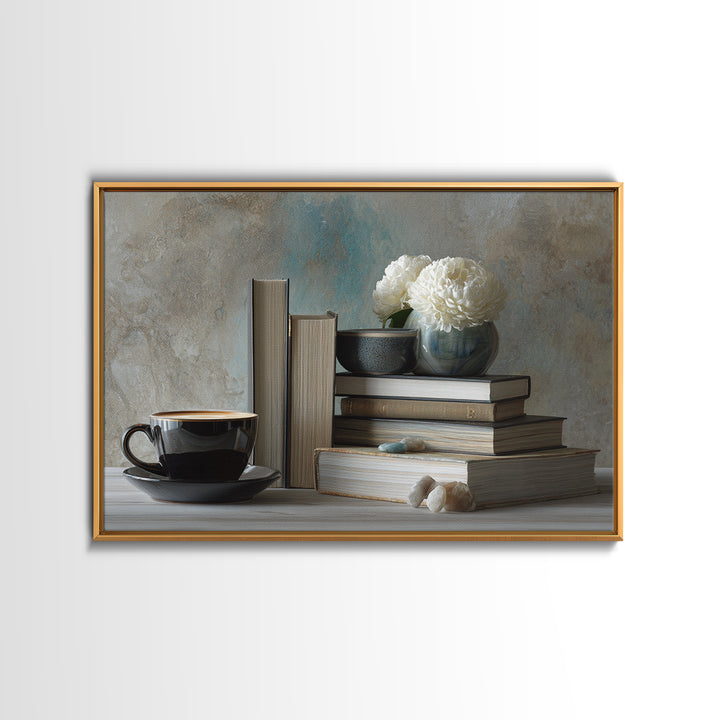 Books and Coffee Still Life Canvas Print, Office Art, Living Room Decor, Office Decor, Oil Painting, Focus, Fine Art Print, OFF-3x2-61
