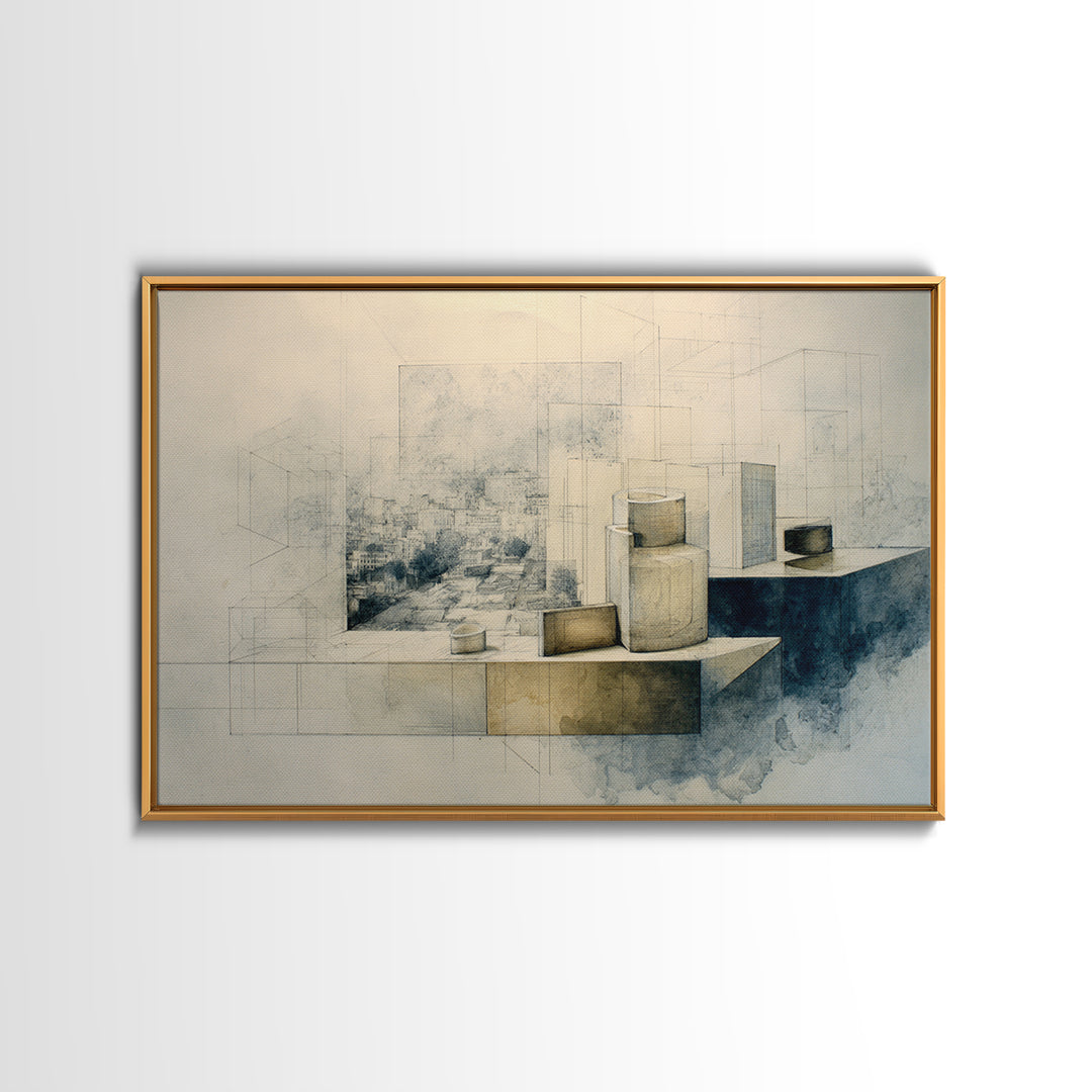 Architectural Line Drawing Framed Canvas Print, Office Art, Home Decor, Office Decor, Focus, Art Deco, Canvas Wall Art, OFF-3x2-7