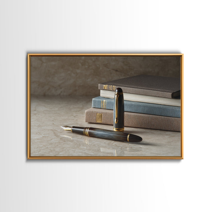 Fountain Pen and Notebook Still Life Without Framed Canvas Print, Office Art, Abstract Art, Office Decor, Oil Painting, Focus, OFF-3x2-74