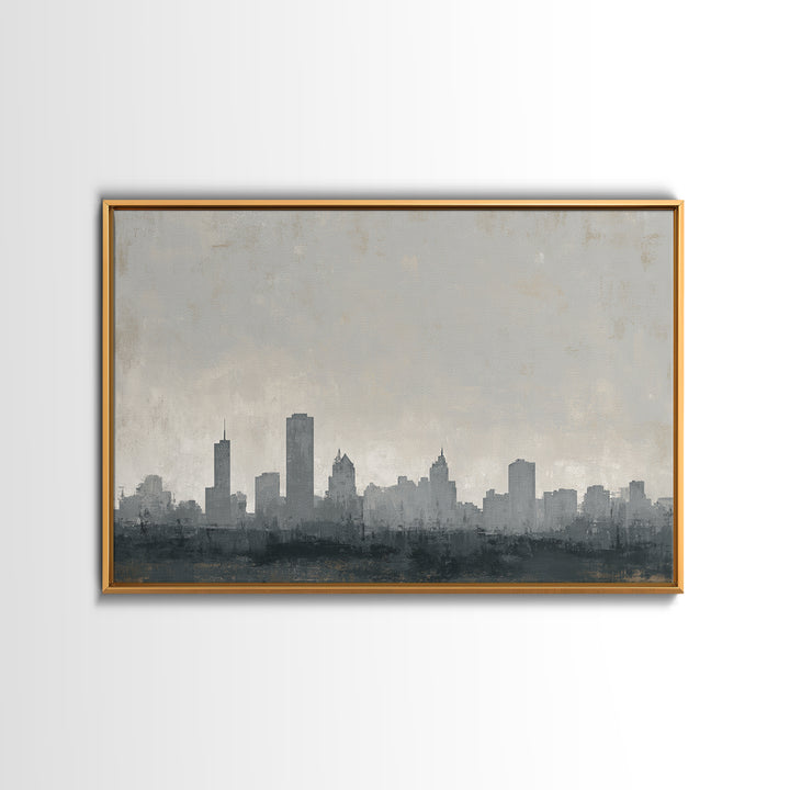 Black and White City Skyline Silhouette Framed Canvas Print, Office Art, Canvas Wall Art, Office Decor, Fine Art, Focus, OFF-3x2-9