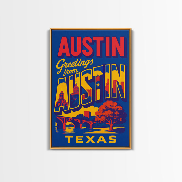 Austin Texas Travel Poster, Canvas Print, Colorful Graphic Wall Art, Austin Art Print, City Illustration, Travel Art Print, Travel Print