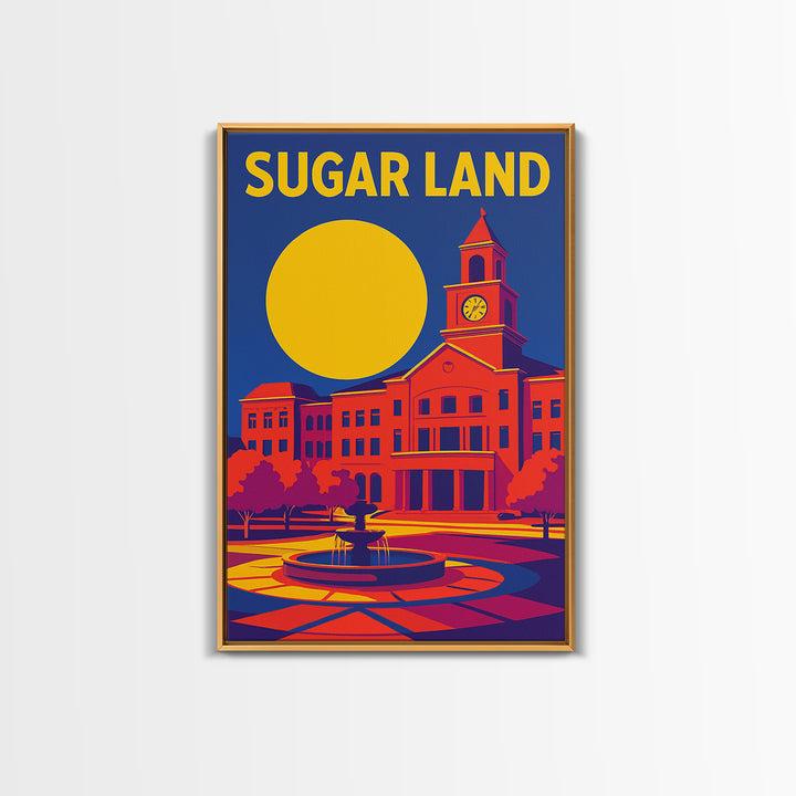 Sugar Land Texas Travel Poster, Framed Canvas Print, Vibrant Retro Travel Art, Sugar Land Art Print, City Art Print, Vintage City Poster