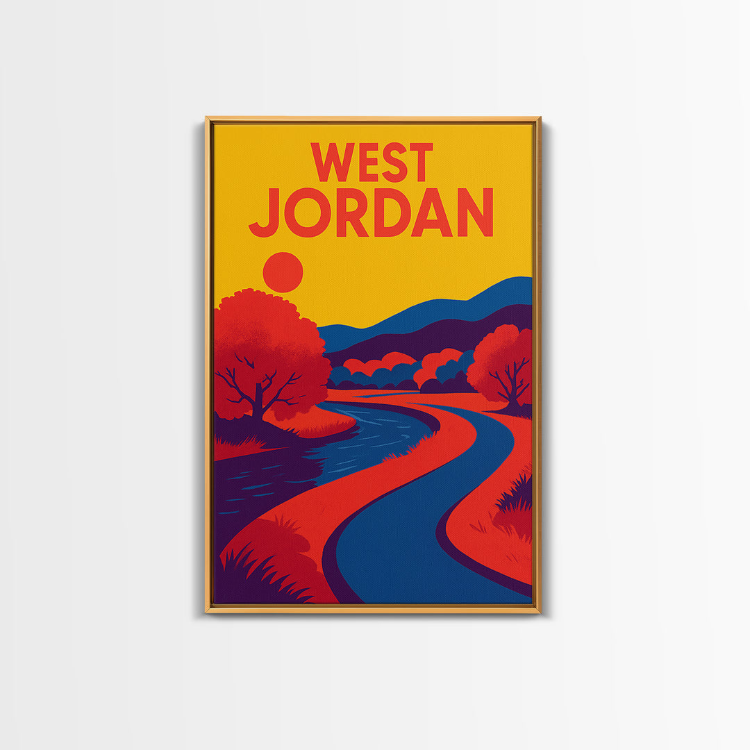 West Jordan Travel Poster, Framed Canvas Print, Bold Pop Art Poster, West Jordan Travel Art, Eclectic Wall Decor, City Illustration