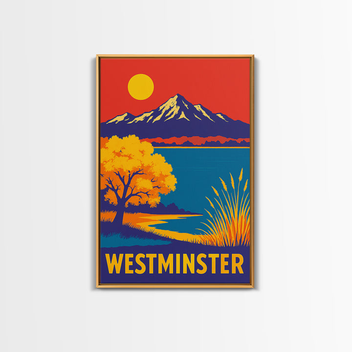 Westminster Travel Poster, Framed Canvas Print, Vibrant Retro Travel Art, Westminster City Art, Wanderlust Decor, City Illustration