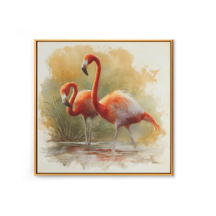 Flamingo Pair Beside Shallow Water Canvas Print, Patio Art, Beach House Decor, Patio Decor, Fine Art, Outdoor, Modern Decor, PAT-1x1-10