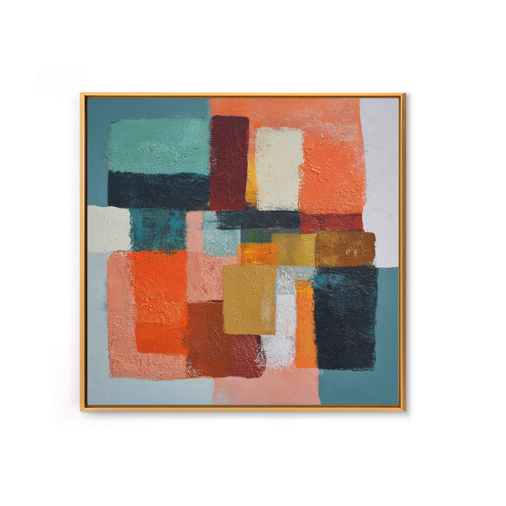 Bright Coral and Turquoise Abstract for Outdoors Framed Canvas Print, Patio Art, Decor, Patio Decor, Fine Art, Outdoor, PAT-1x1-12