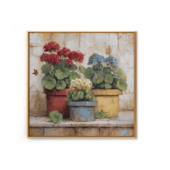 Potted Geraniums in Rustic Clay Pots Canvas Print, Patio Art, Porch Decor, Patio Decor, Fine Art, Outdoor, Fine Art Print, PAT-1x1-14