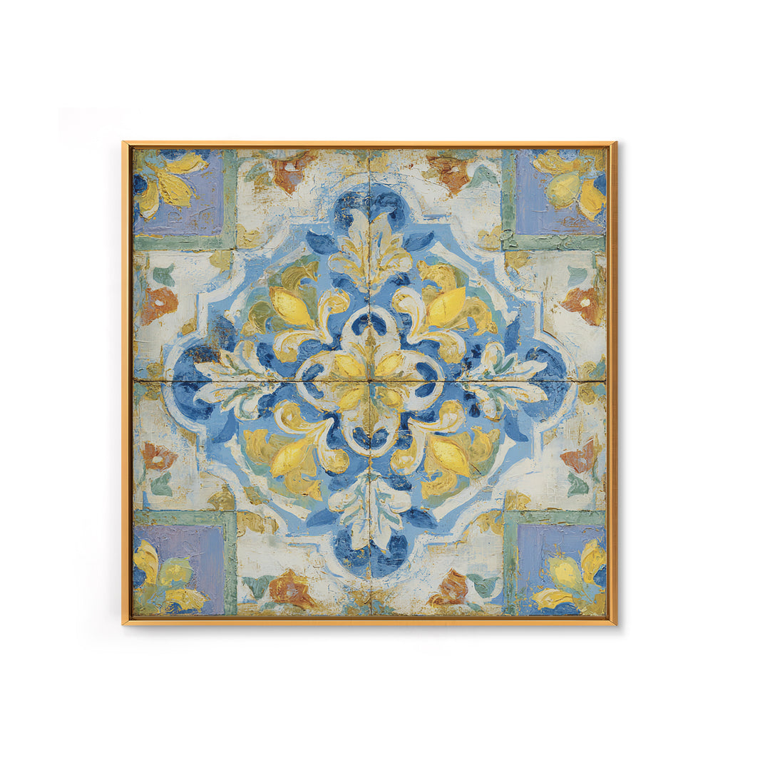 Mediterranean Lemons and Blue Tile Pattern Framed Canvas Print, Patio Art, Patio Decor, Fine Art, Outdoor, Gallery Decor, PAT-1x1-2