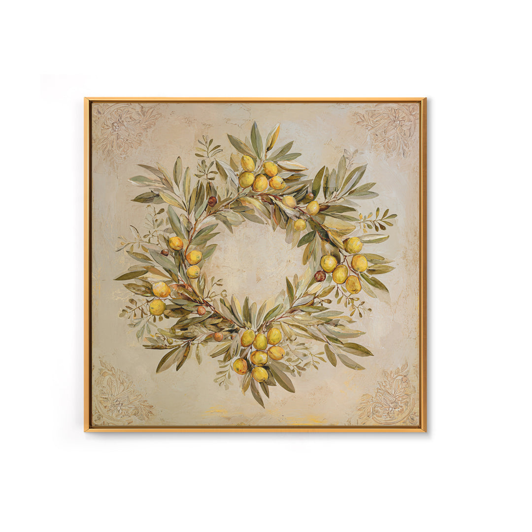 Olive Branch Wreath on Warm Plaster Framed Canvas Print, Patio Art, Statement Artwork, Patio Decor, Fine Art, Outdoor, PAT-1x1-33