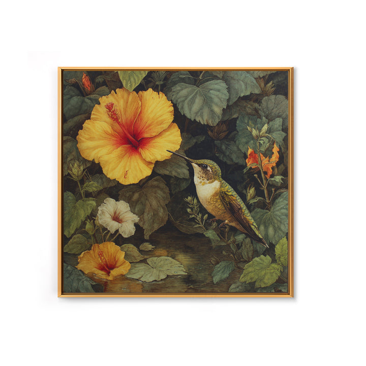 Hummingbird Visiting Bright Hibiscus Framed Canvas Print, Patio Art, Family Wall Art, Patio Decor, Oil Painting, Outdoor, PAT-1x1-51