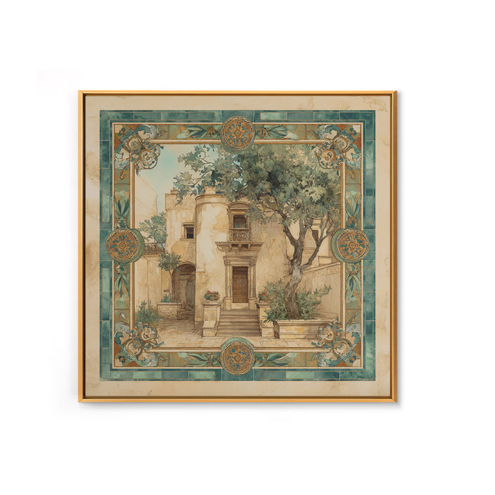 Olive Branch Wreath on Warm Plaster Framed Canvas Print, Patio Art, Statement Artwork, Patio Decor, Fine Art, Outdoor, PAT-1x1-57