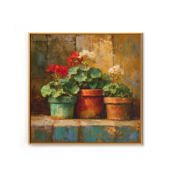 Potted Geraniums in Rustic Clay Pots Framed Canvas Print, Patio Art, Family Wall Art, Patio Decor, Fine Art, Outdoor, PAT-1x1-62
