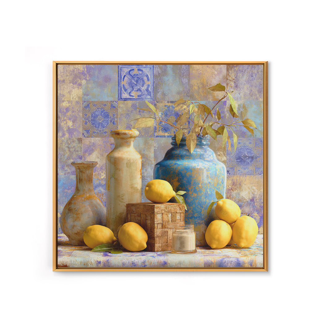 Mediterranean Lemons and Blue Tile Pattern Framed Canvas Print, Patio Art, Patio, Patio Decor, Outdoor, Minimalist Decor, PAT-1x1-74