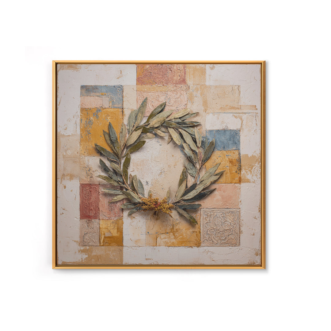 Olive Branch Wreath on Warm Plaster Canvas Print, Patio Art, Patio Decor, Oil Painting, Outdoor, Outdoor Wall Art, PAT-1x1-81