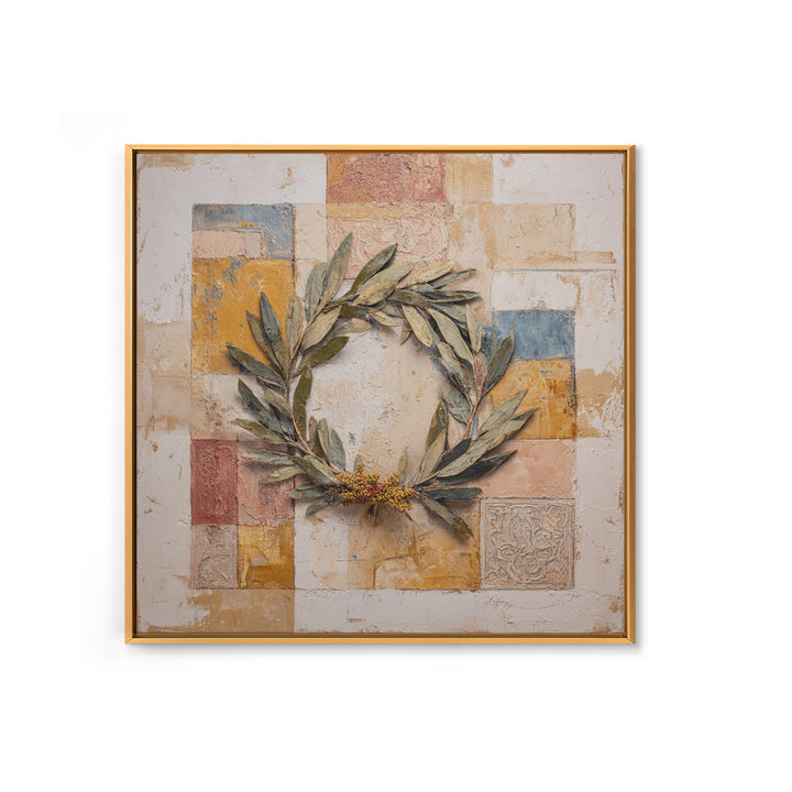 Olive Branch Wreath on Warm Plaster Canvas Print, Patio Art, Patio Decor, Oil Painting, Outdoor, Outdoor Wall Art, PAT-1x1-81