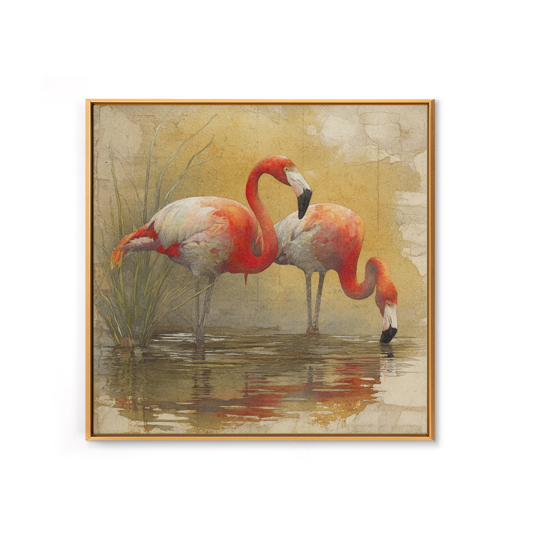 Flamingo Pair Beside Shallow Water Canvas Print, Patio Art, Neutral Decor, Patio Decor, Oil Painting, Outdoor, Wall Art, PAT-1x1-82
