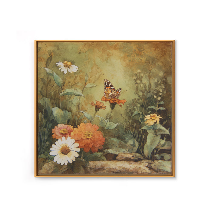 Butterfly Garden with Zinnias and Daisies Canvas Print, Patio Art, Boho Decor, Patio Decor, Oil Painting, Outdoor, PAT-1x1-85