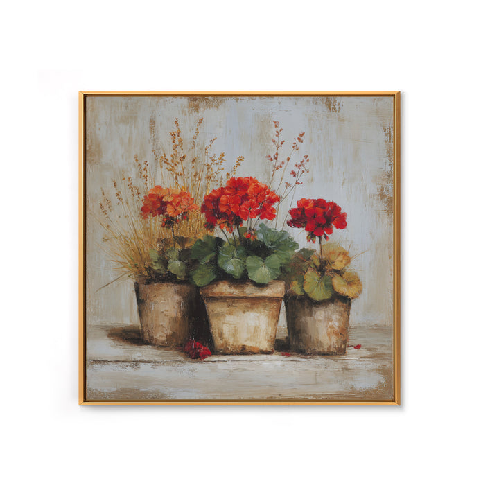 Potted Geraniums in Rustic Clay Pots Canvas Print, Patio Art, Modern Decor, Patio Decor, Fine Art, Outdoor, Home Decor, PAT-1x1-86